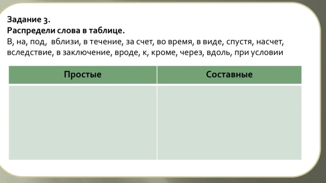 Распредели слова в таблице: В, на, под, вблизи, в течение, за счет, во время, в виде, спустя, насчет, вследствие, в заключение, вроде, к, кроме, через, вдоль, при условии