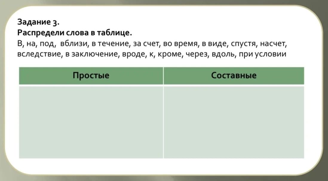 Распредели слова в таблице: В, на, под, вблизи, в течение, за счет, во время, в виде, спустя, насчет, вследствие, в заключение, вроде, к, кроме, через, вдоль, при условии. Сделай морфологический разбор любого предлога.