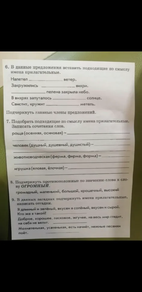 В данные предложения вставить подходящие по смыслу имена прилагательные. Налетел ... ветер. Закружились ... вихри.