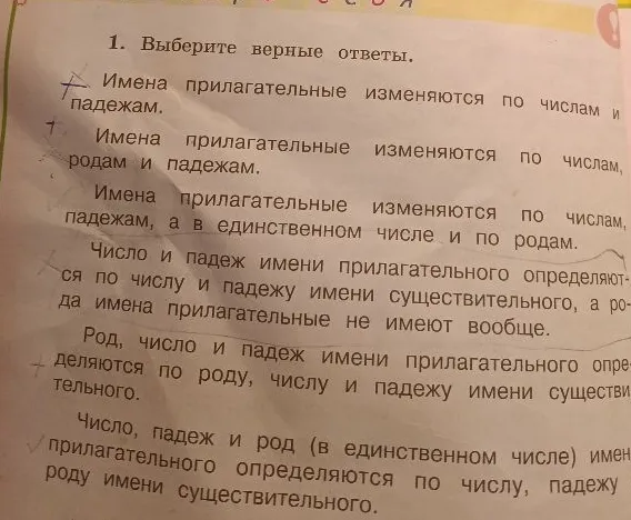 Выберите верные ответы. Имена прилагательные изменяются по числам и падежам. Имена прилагательные изменяются по числам, родам и падежам.