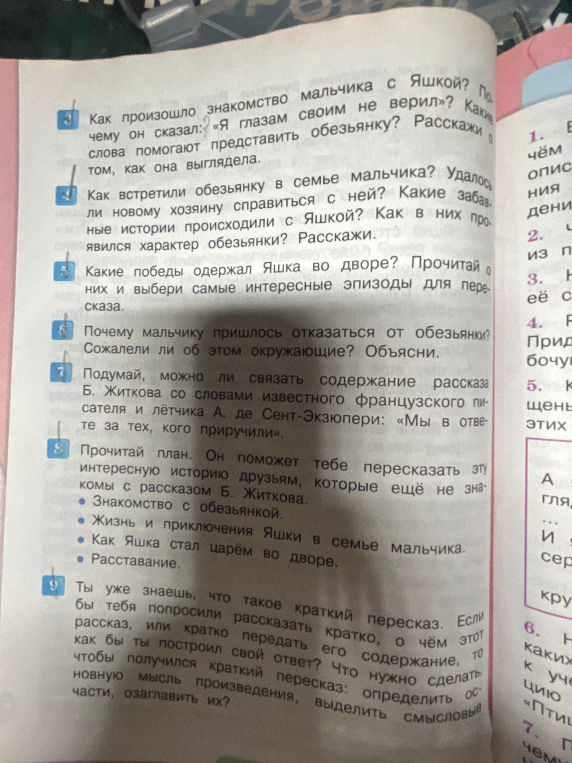 Как произошло знакомство мальчика с Яшкой? Почему он сказал: «Я глазам своим не верил»? Какие слова помогают представить обезьянку? Расскажи о том, как она выглядела.