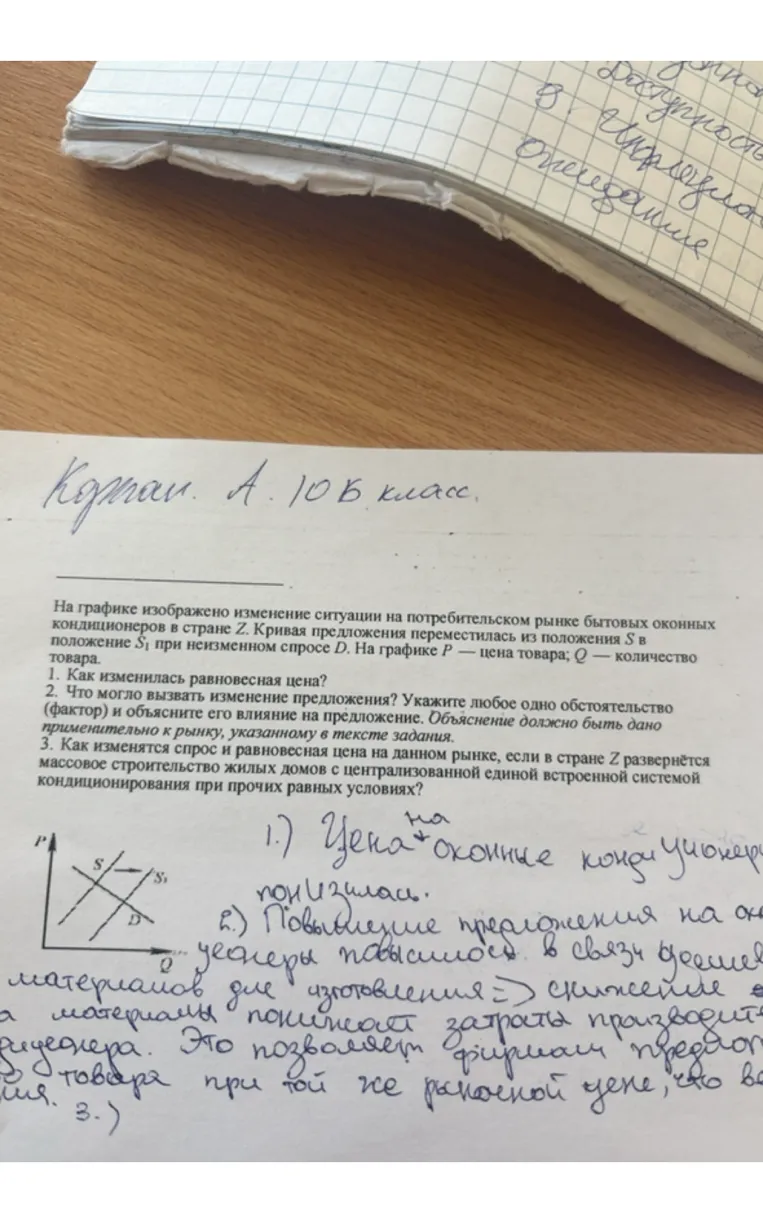 На графике изображено изменение ситуации на потребительском рынке бытовых оконных кондиционеров в стране Z. Как изменилась равновесная цена?