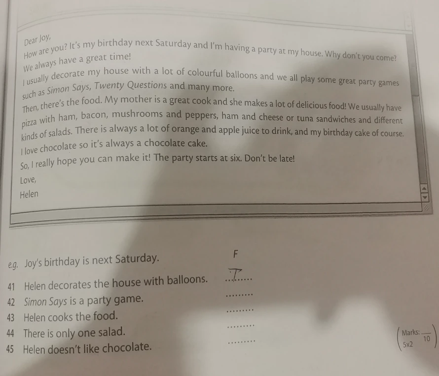 Определите верны (T) или неверны (F) утверждения к тексту письма Хелен.