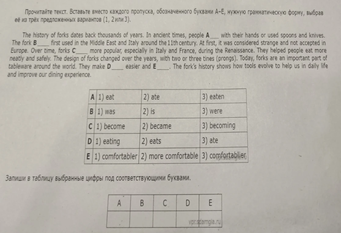 Прочитайте текст. Вставьте вместо каждого пропуска, обозначенного буквами A–E, нужную грамматическую форму, выбрав её из трёх предложенных вариантов (1, 2 или 3).