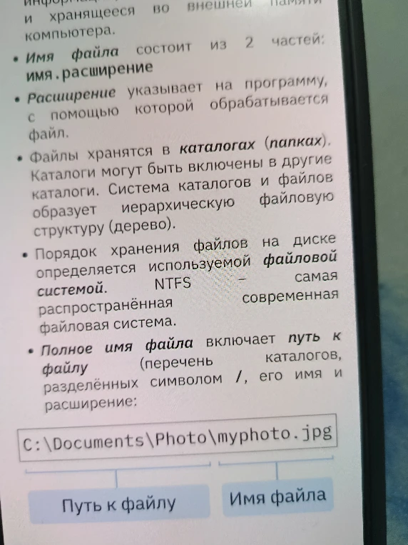 Имя файла состоит из 2 частей: имя.расширение. Файлы хранятся в каталогах (папках). Полное имя файла включает путь к файлу, его имя и расширение.