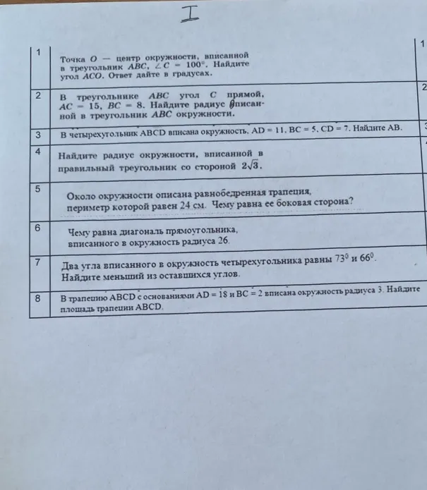 Точка O — центр окружности, вписанной в треугольник ABC, ∠C = 100°. Найдите угол ACO.