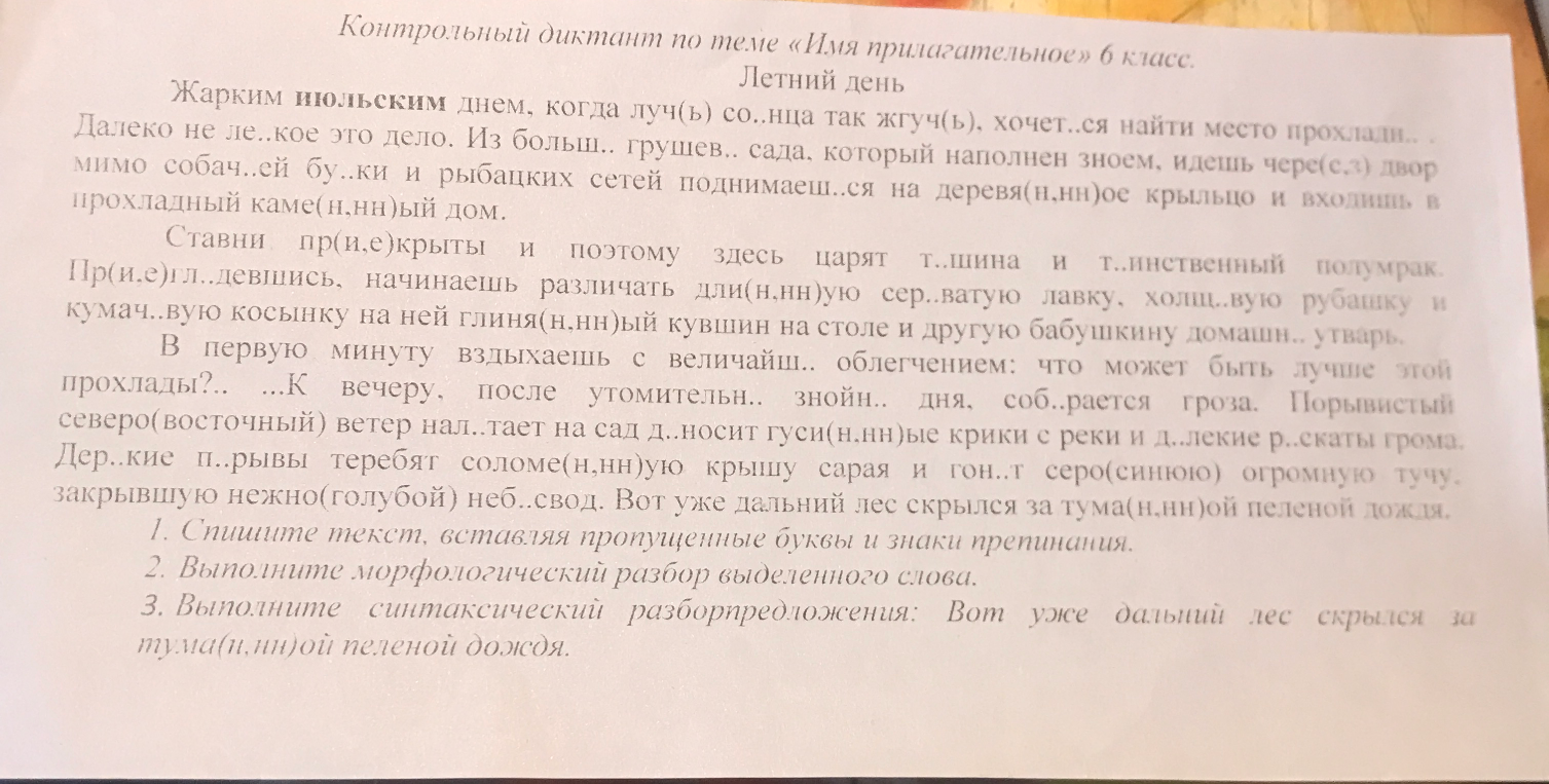 Контрольный диктант по теме «Имя прилагательное» 6 класс. Летний день. Спишите текст, вставляя пропущенные буквы и знаки препинания.