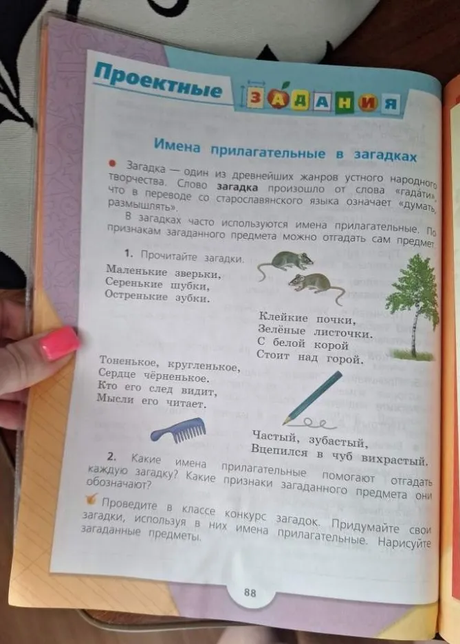 Имена прилагательные в загадках. 1. Прочитайте загадки. 2. Какие имена прилагательные помогают отгадать каждую загадку? Какие признаки загаданного предмета они обозначают?