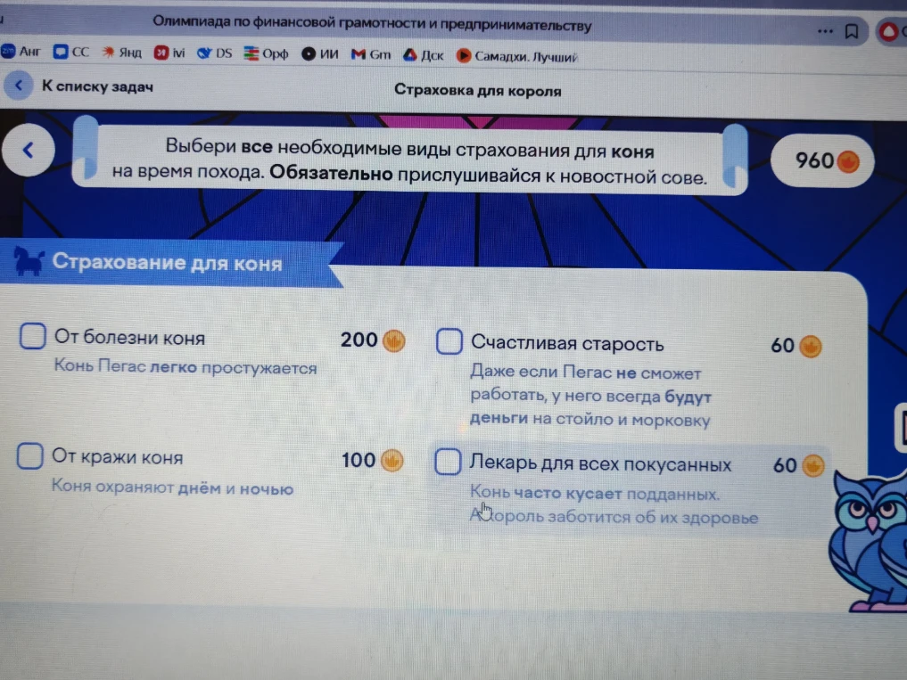 Выбери все необходимые виды страхования для коня на время похода. Обязательно прислушивайся к новостной сове.