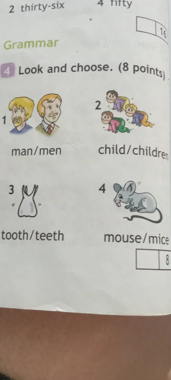 Look and choose. 1 man/men, 2 child/children, 3 tooth/teeth, 4 mouse/mice