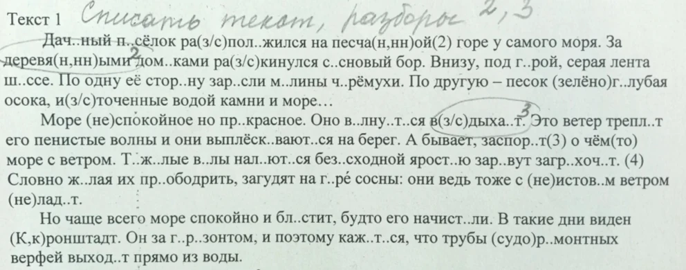 Списать текст, разборы 2, 3. Дачный посёлок расположился на песчаной горе...