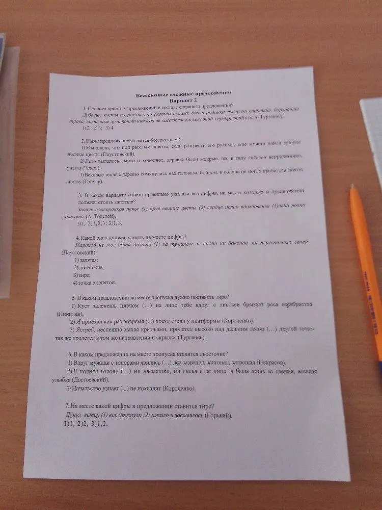 Бессоюзные сложные предложения. Вариант 2. Выполните задания 1-7 по теме БСП.