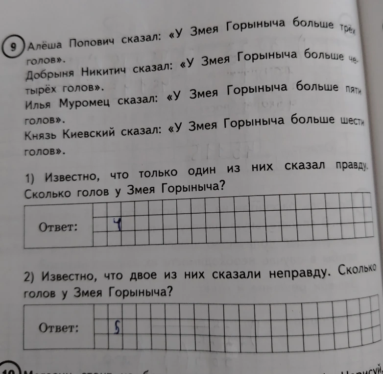 Алёша Попович сказал: «У Змея Горыныча больше трёх голов». Добрыня Никитич сказал: «У Змея Горыныча больше четырёх голов». Илья Муромец сказал: «У Змея Горыныча больше пяти голов». Князь Киевский сказал: «У Змея Горыныча больше шести голов».