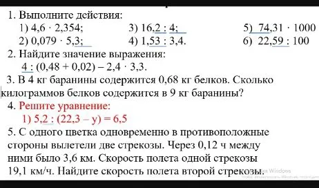 1. Выполните действия; 2. Найдите значение выражения; 3. В 4 кг баранины содержится 0,68 кг белков. Сколько килограммов белков содержится в 9 кг баранины?; 4. Решите уравнение; 5. С одного цветка одновременно в противоположные стороны вылетели две стрекозы.