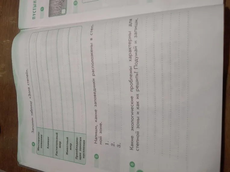 Заполни таблицу «Зона степей», напиши, какие заповедники расположены в степной зоне, и укажи экологические проблемы степей.