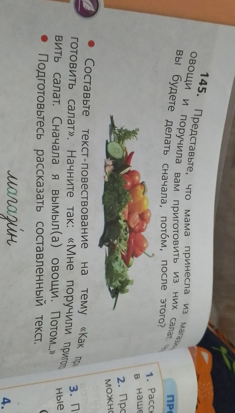 Составьте текст-повествование на тему «Как приготовить салат». Начните так: «Мне поручили приготовить салат. Сначала я вымыл(а) овощи. Потом...»