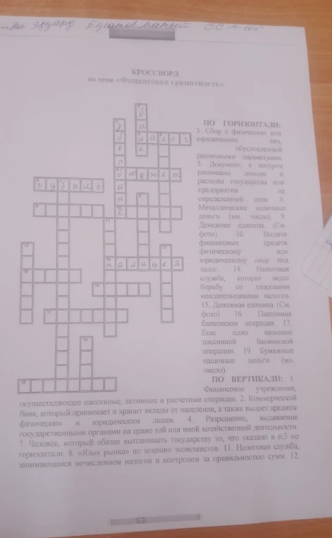 КРОССВОРД по теме «Финансовая грамотность»