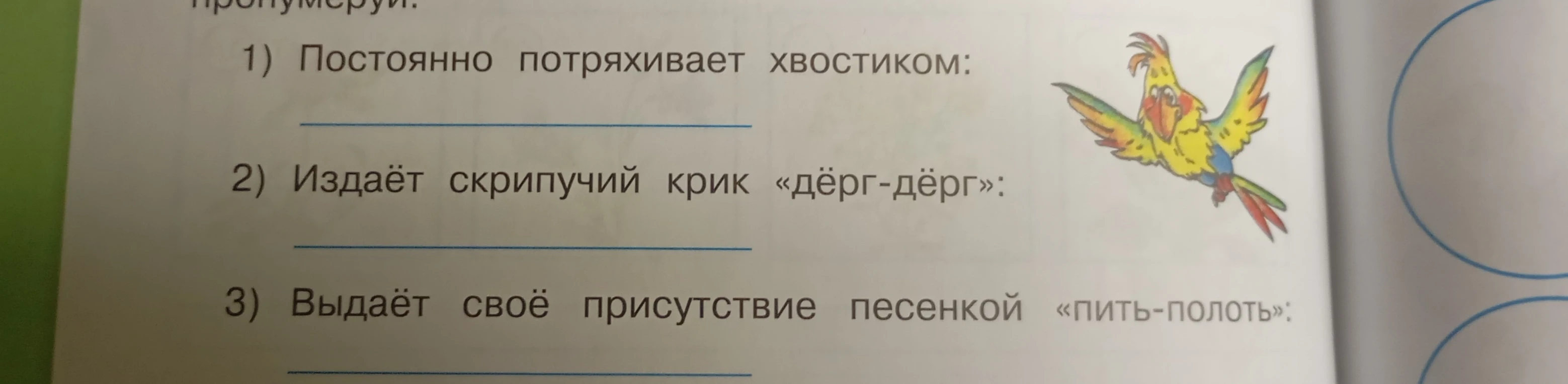 Назовите птиц по описанию: 1) Постоянно потряхивает хвостиком; 2) Издаёт скрипучий крик «дёрг-дёрг»; 3) Выдаёт своё присутствие песенкой «пить-полоть»