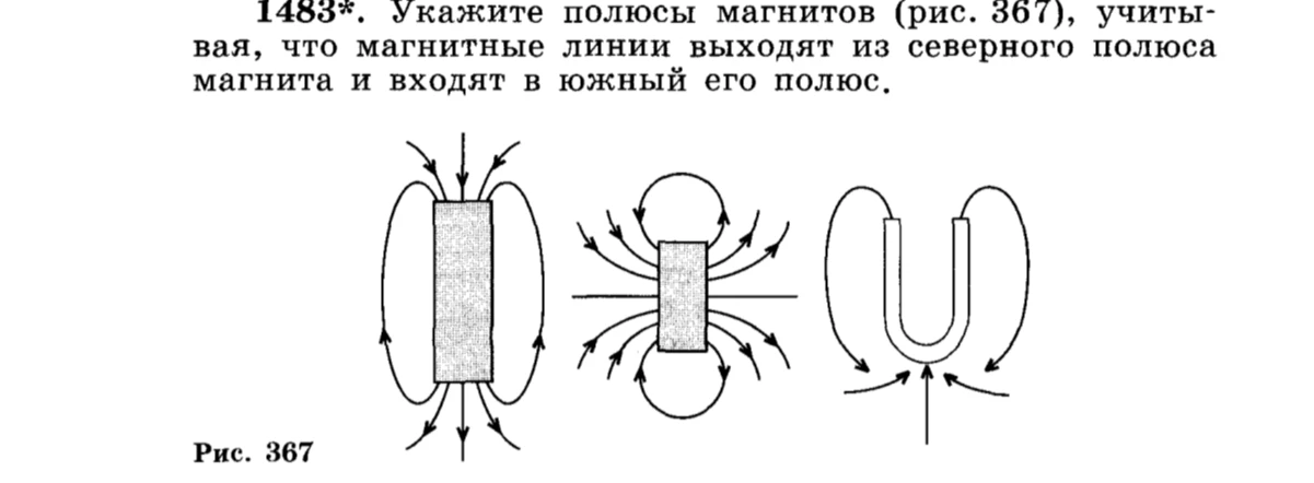 Укажите полюсы магнитов (рис. 367), учитывая, что магнитные линии выходят из северного полюса магнита и входят в южный его полюс.