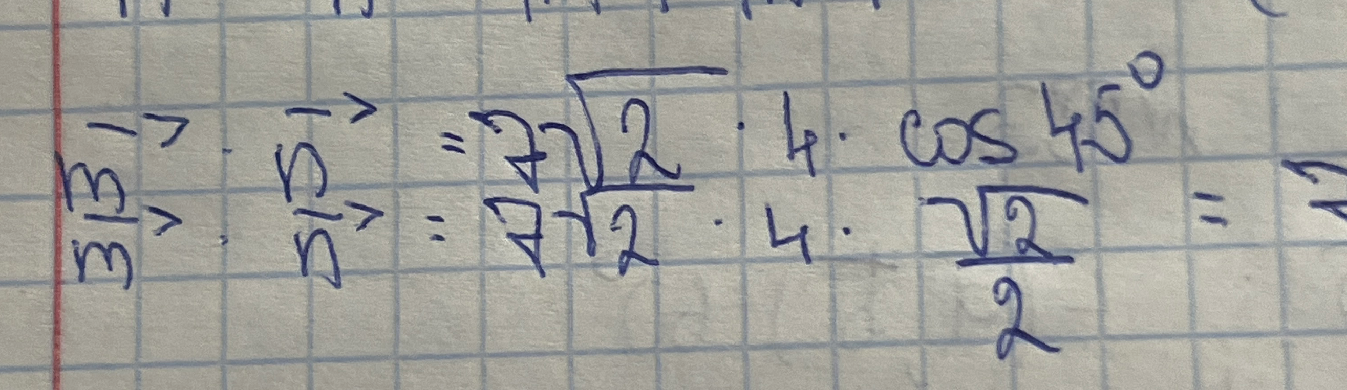 Вычислите скалярное произведение векторов m и n, если |m| = 7√2, |n| = 4, а угол между ними равен 45 градусов.