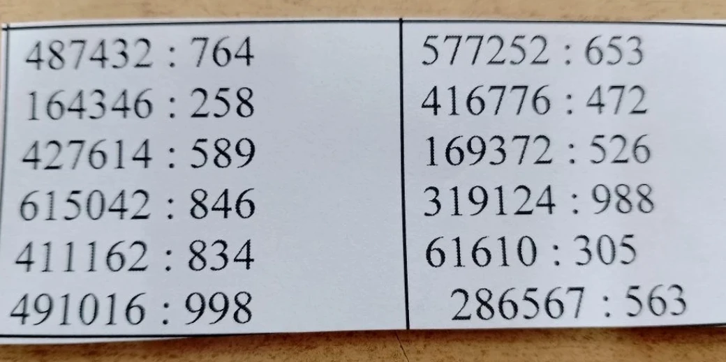 Выполните деление: 487432 : 764, 164346 : 258, 427614 : 589, 615042 : 846, 411162 : 834, 491016 : 998, 577252 : 653, 416776 : 472, 169372 : 526, 319124 : 988, 61610 : 305, 286567 : 563.