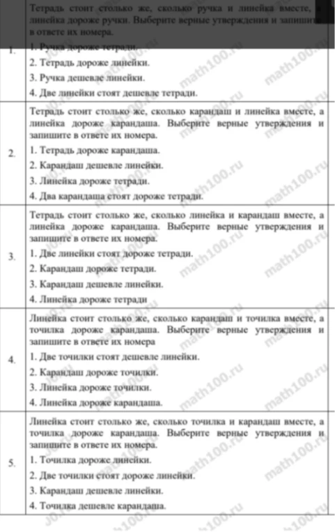 Тетрадь стоит столько же, сколько ручка и линейка вместе, линейка дороже ручки. Выберите верные утверждения и запишите в ответе их номера.