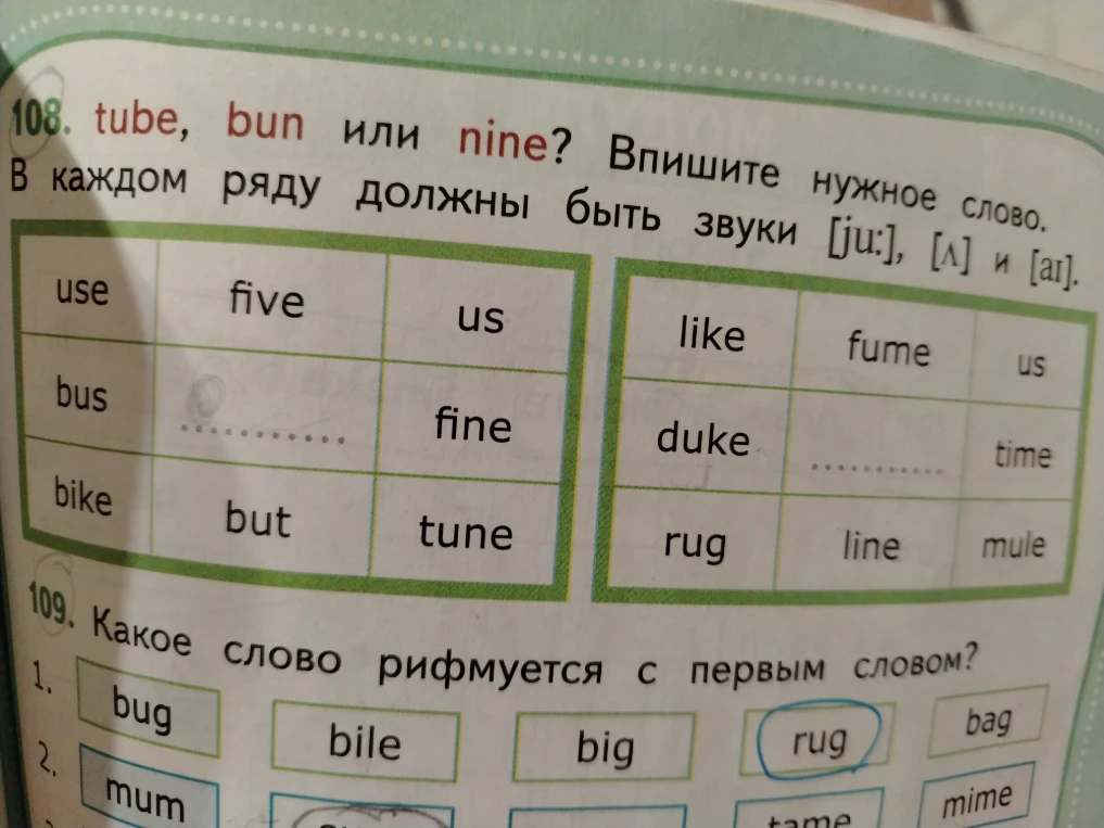 108. tube, bun или nine? Впишите нужное слово. В каждом ряду должны быть звуки [ju:], [ʌ] и [ai].