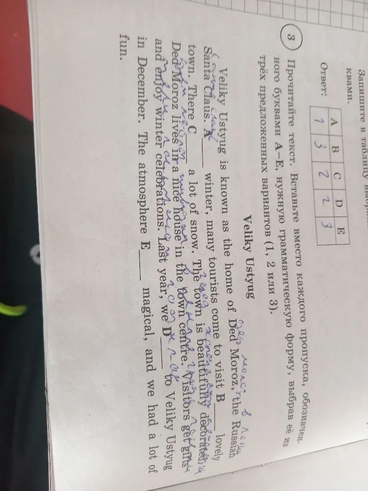 Прочитайте текст. Вставьте вместо каждого пропуска, обозначенного буквами A-E, нужную грамматическую форму, выбрав её из трёх предложенных вариантов (1, 2 или 3).