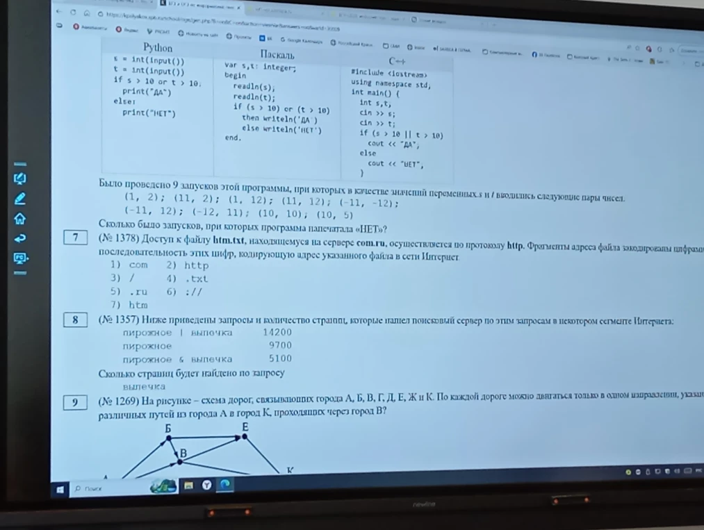 7. Доступ к файлу htm.txt, находящемуся на сервере com.ru, осуществляется по протоколу http. 8. Ниже приведены запросы и количество страниц, которые нашел поисковый сервер по этим запросам. 9. На рисунке — схема дорог; по каждой дороге можно двигаться только в одном направлении, указанном стрелкой. Сколько различных путей из города А в город К, проходящих через город В?