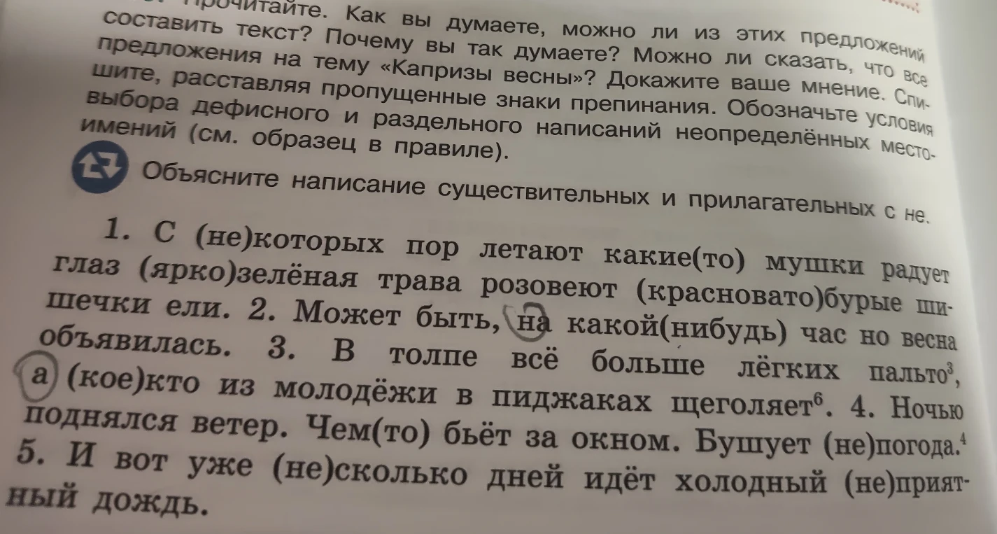 С (не)которых пор летают какие(то) мушки радует глаз (ярко)зелёная трава розовеют (красновато)бурые шишечки ели.