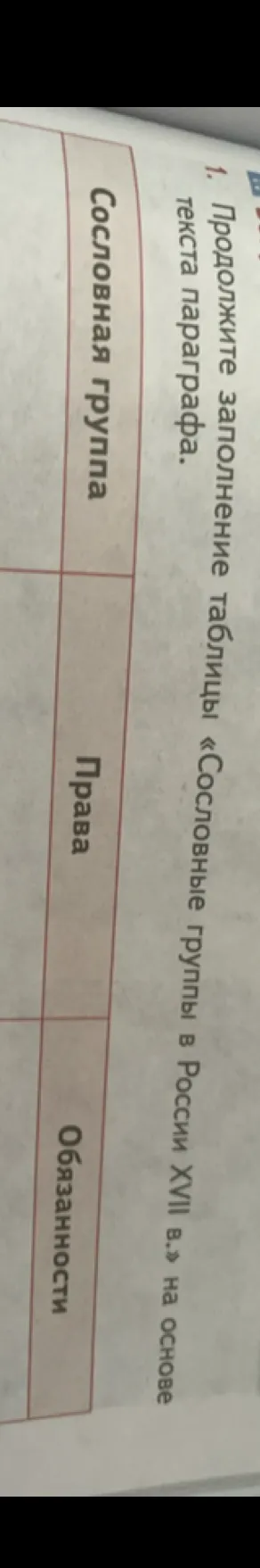 Продолжите заполнение таблицы «Сословные группы в России XVII в.» на основе текста параграфа.