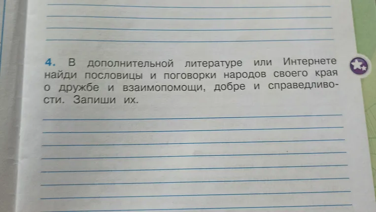 4. В дополнительной литературе или Интернете найди пословицы и поговорки народов своего края о дружбе и взаимопомощи, добре и справедливости. Запиши их.