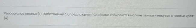 Разбор слов лесные(1), заботливый(3), предложения "Стайками собираются мелкие птички и несутся в теплые края" (4)