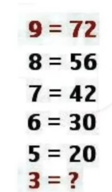 9 = 72, 8 = 56, 7 = 42, 6 = 30, 5 = 20, 3 = ?