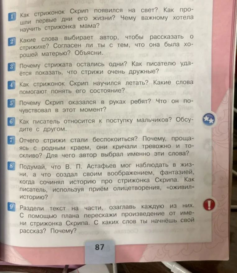 Вопросы к рассказу В. П. Астафьева «Стрижонок Скрип» (стр. 87).