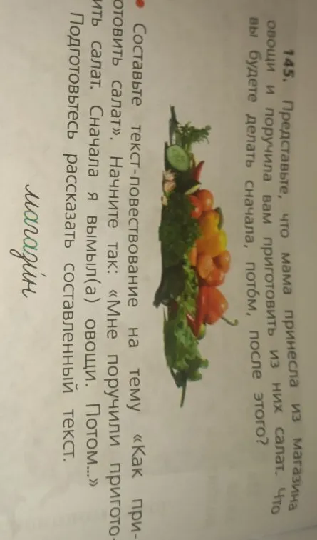 Составьте текст-повествование на тему «Как приготовить салат». Начните так: «Мне поручили приготовить салат. Сначала я вымыл(а) овощи. Потом...»