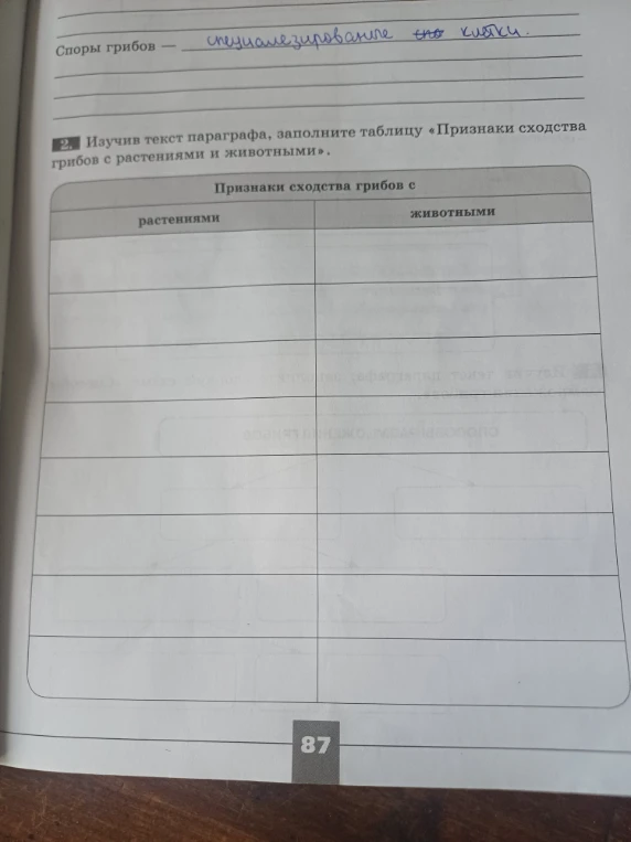 Изучив текст параграфа, заполните таблицу «Признаки сходства грибов с растениями и животными».