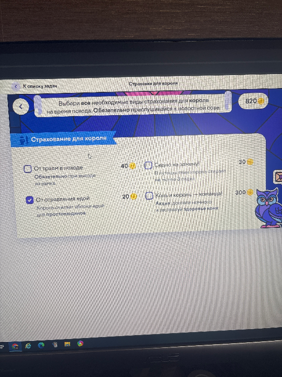 Выбери все необходимые виды страхования для короля на время похода.