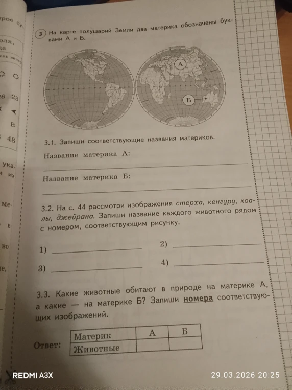 3. На карте полушарий Земли два материка обозначены буквами А и Б. 3.1. Запиши соответствующие названия материков.