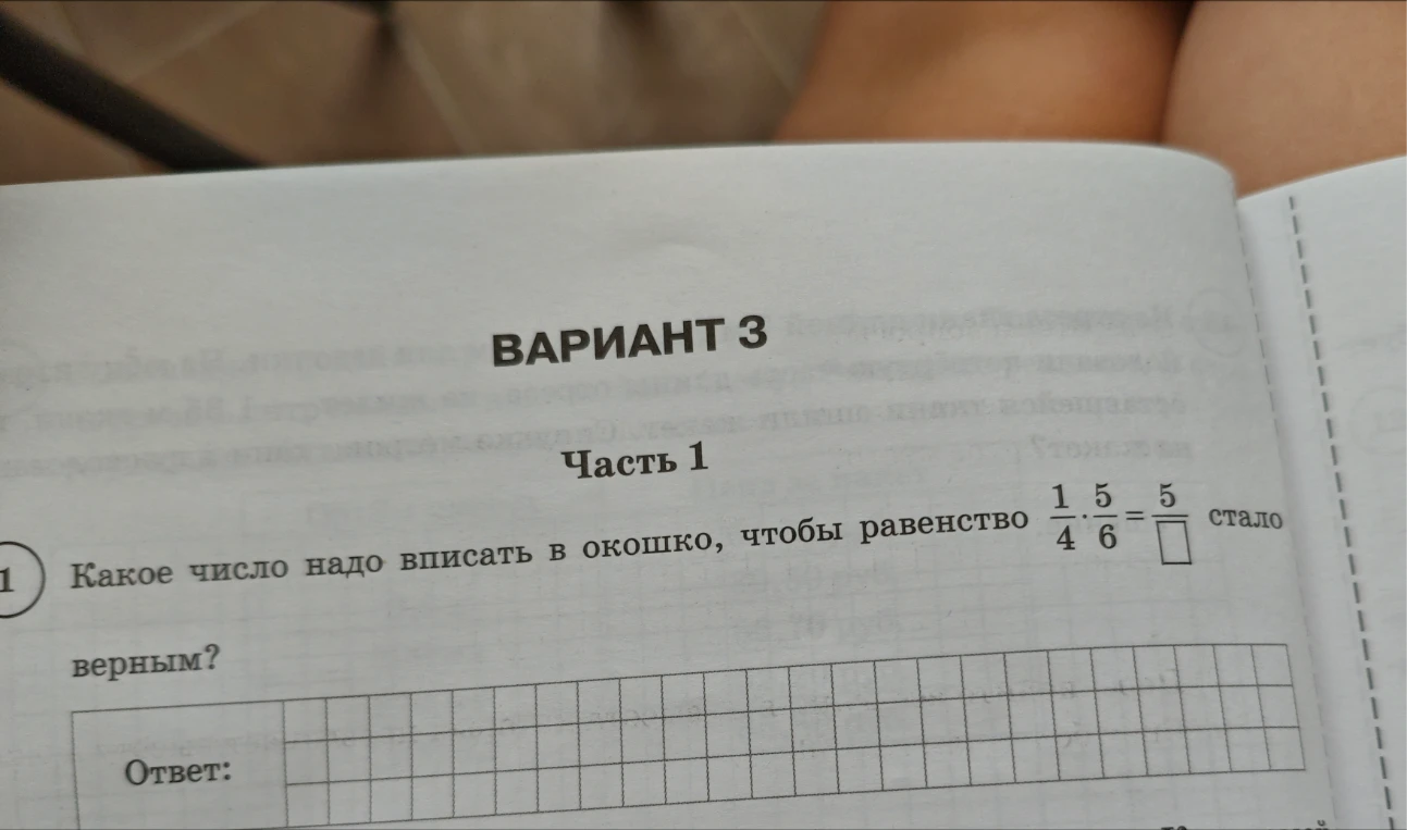 Какое число надо вписать в окошко, чтобы равенство 1/4 * 5/6 = 5/[] стало верным?