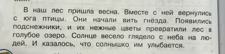 В наш лес пришла весна. Вместе с ней вернулись с юга птицы. Они начали вить гнёзда. Появились подснежники, и их нежные цветы превратили лес в голубое озеро. Солнце весело глядело с неба на людей. И казалось, что солнышко им улыбается.