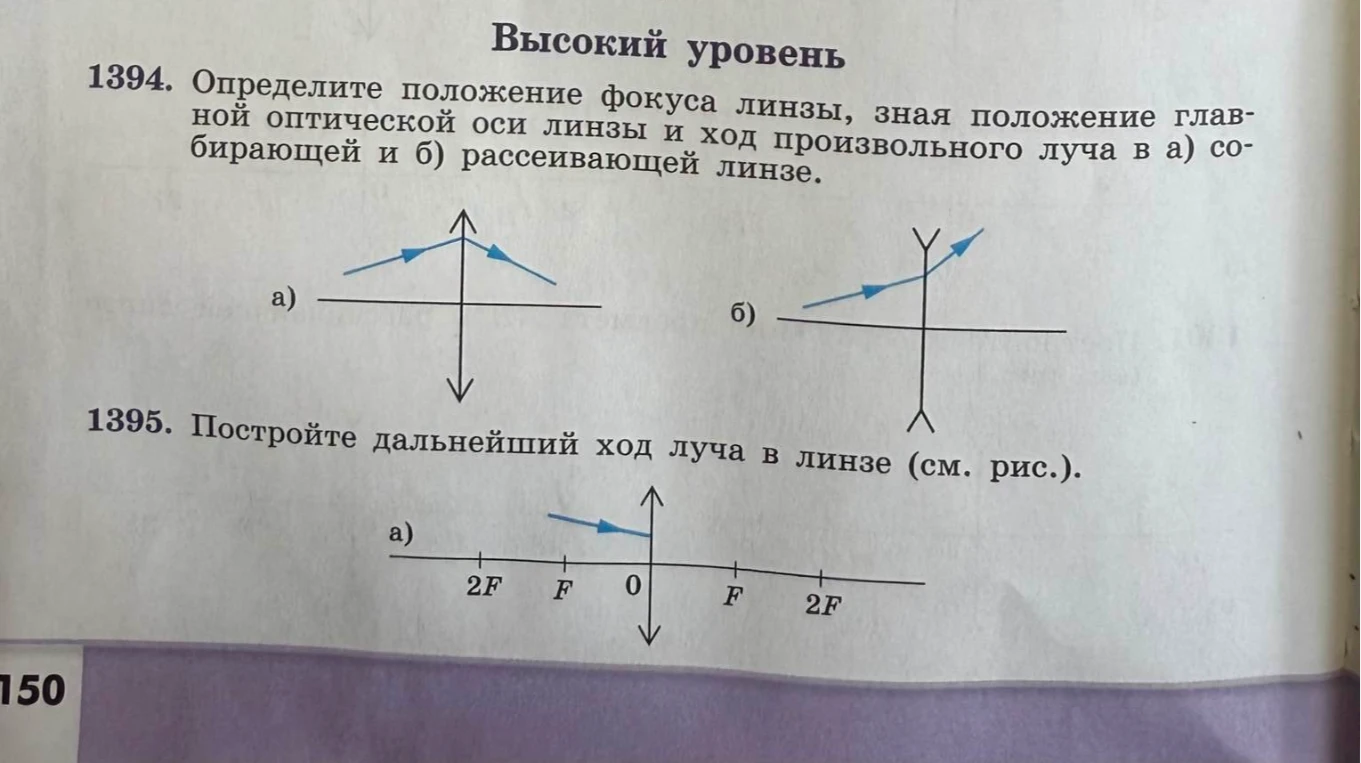 1394. Определите положение фокуса линзы, зная положение главной оптической оси линзы и ход произвольного луча в а) собирающей и б) рассеивающей линзе.