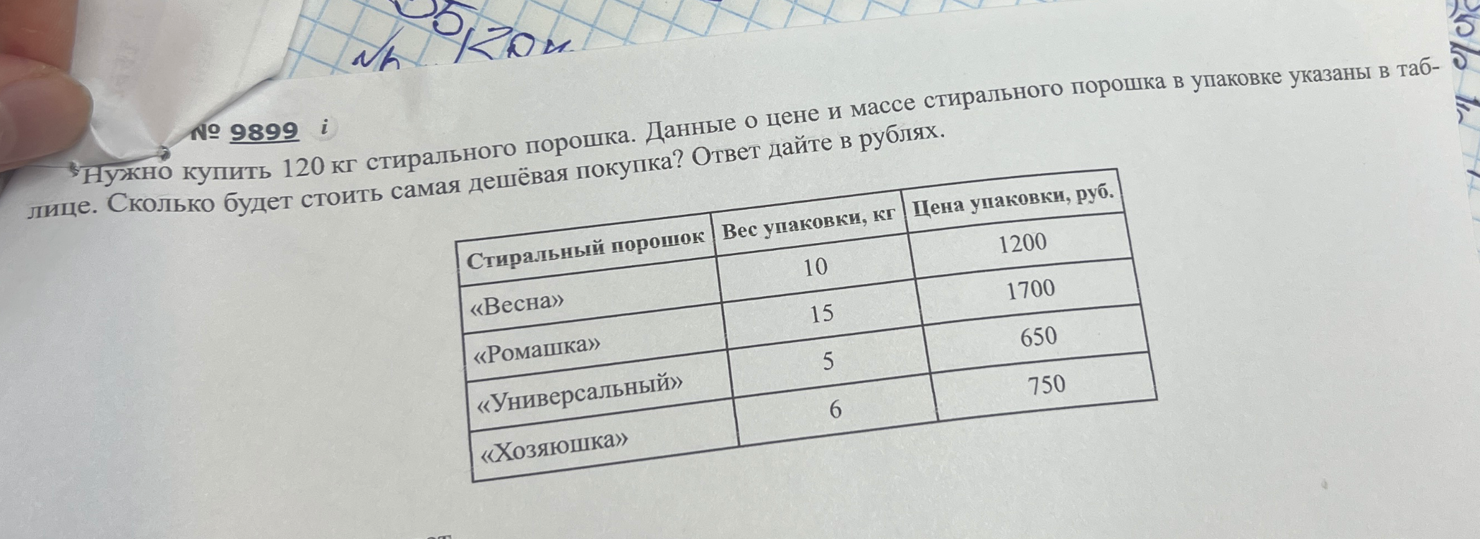 Нужно купить 120 кг стирального порошка. Данные о цене и массе стирального порошка в упаковке указаны в таблице. Сколько будет стоить самая дешёвая покупка? Ответ дайте в рублях.