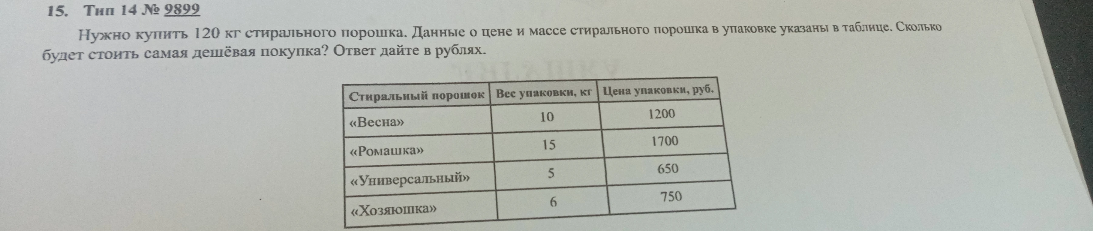 Нужно купить 120 кг стирального порошка. Данные о цене и массе стирального порошка в упаковке указаны в таблице. Сколько будет стоить самая дешёвая покупка? Ответ дайте в рублях.