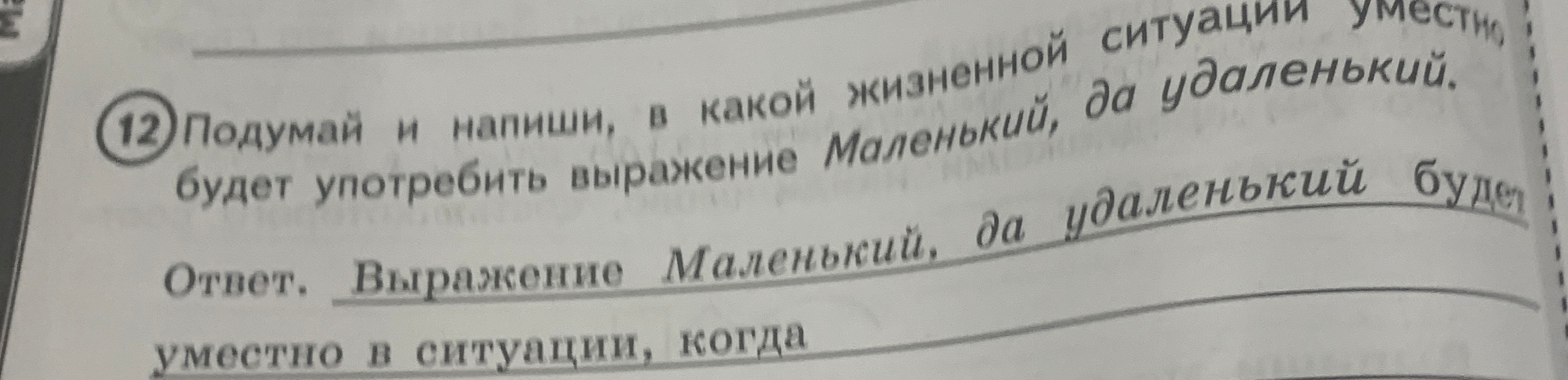 Подумай и напиши, в какой жизненной ситуации будет употребить выражение Маленький, да удаленький.