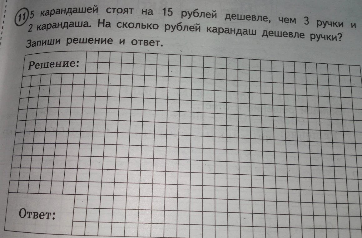 5 карандашей стоят на 15 рублей дешевле, чем 3 ручки и 2 карандаша. На сколько рублей карандаш дешевле ручки?