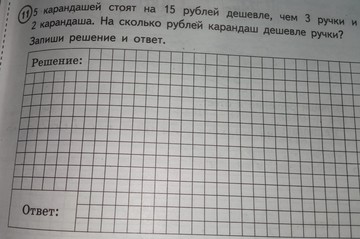 5 карандашей стоят на 15 рублей дешевле, чем 3 ручки и 2 карандаша. На сколько рублей карандаш дешевле ручки?