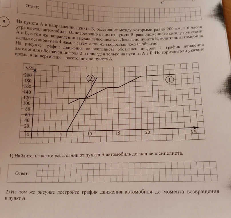 1) Найдите, на каком расстоянии от пункта В автомобиль догнал велосипедиста.