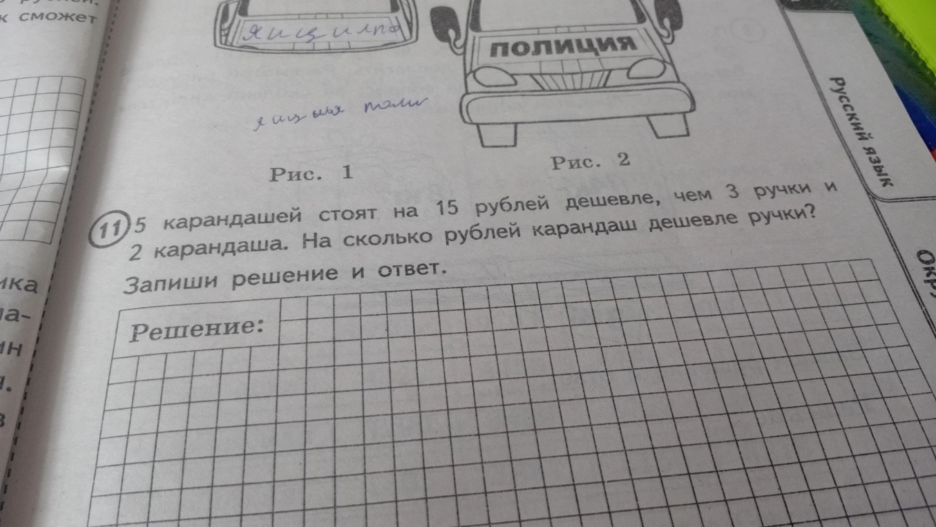 5 карандашей стоят на 15 рублей дешевле, чем 3 ручки и 2 карандаша. На сколько рублей карандаш дешевле ручки?