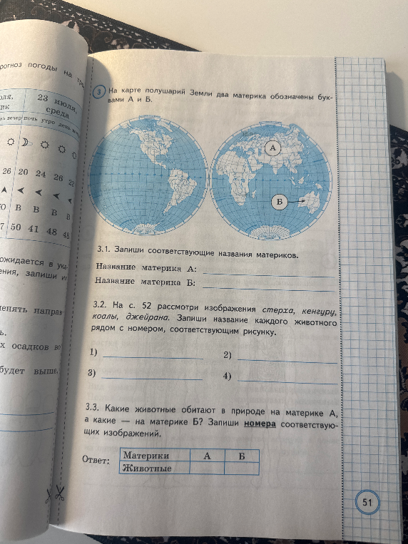 На карте полушарий Земли два материка обозначены буквами А и Б. 3.1. Запиши соответствующие названия материков.